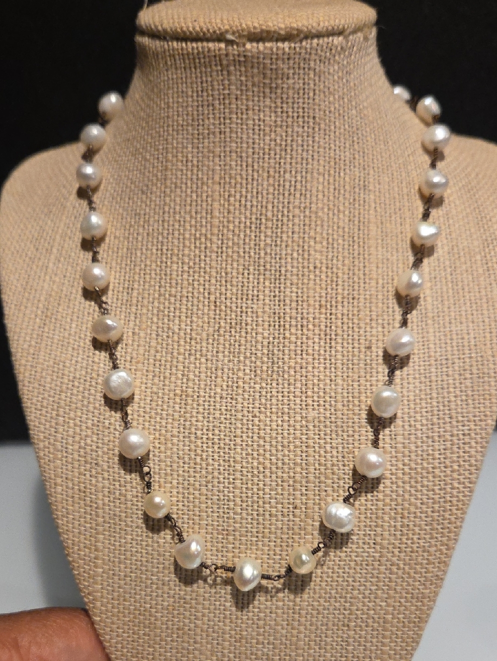 Real Cultured Pearl Station Necklace - White Pearls